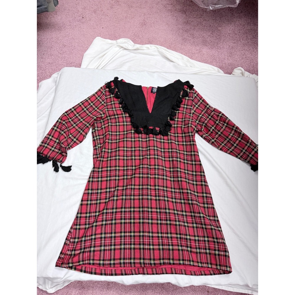 Elizabeth Wilson Red Plaid Tassel Trim Cotton Shift Dress XXXL Womens L/S